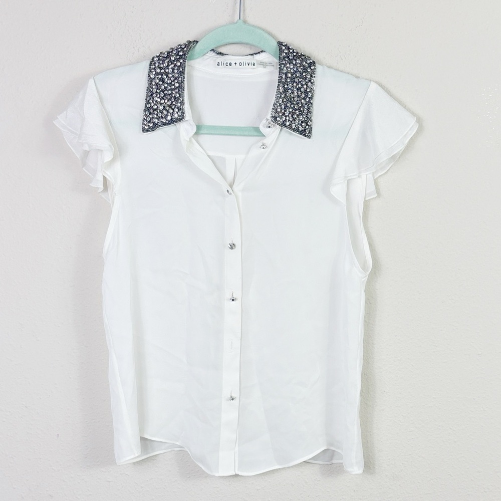 Alice + Olivia Off White Rhinestone Beaded Collar Button Down Blouse sz. Small